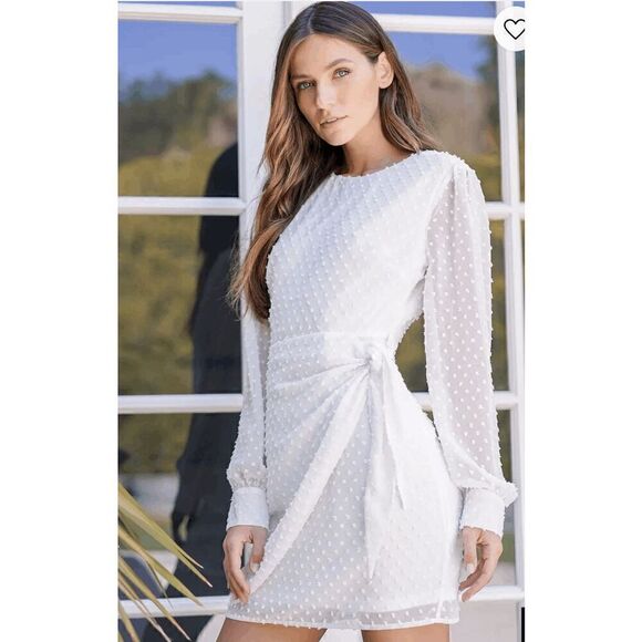 Lulus Much Love White Swiss Dot Long Sleeve Tie-Front Mini Dress Size Large EUC - Picture 1 of 16